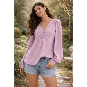 Walter Baker Lavender Purple V-Neck Ruched Empire Waist Balloon Sleeve Blouse M‎